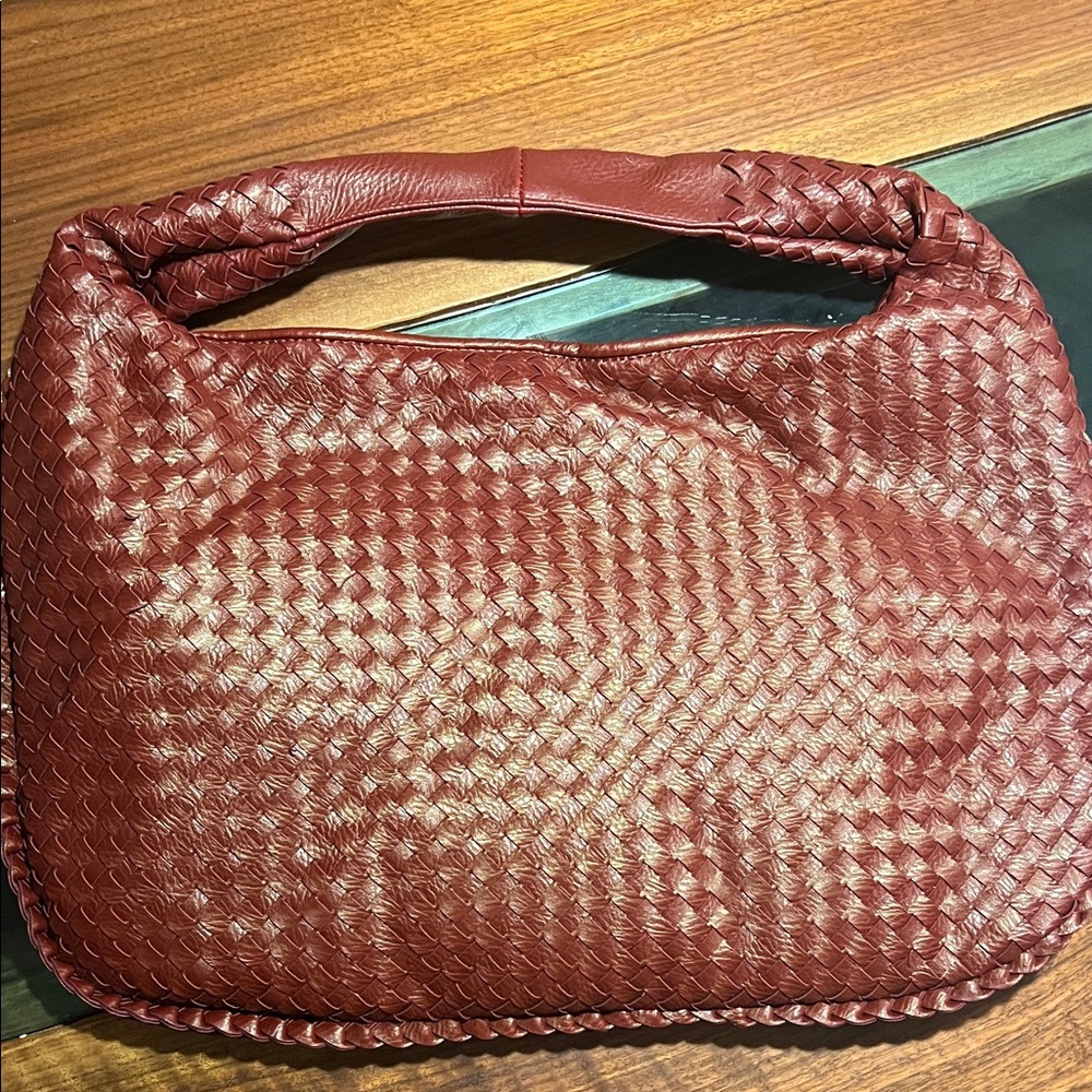 Woven Leather Tote Bag in Burgundy